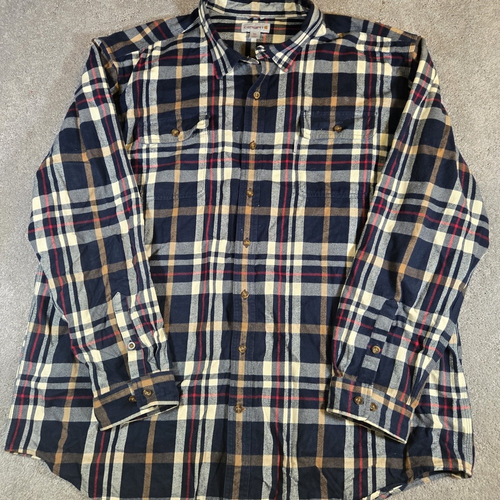 Carhartt Heavyweight Flannel Button Up Plaid Shirt Original Fit Size 3XL Navy - Picture 2 of 7